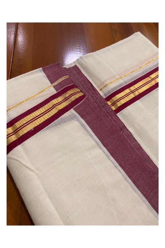 Off White Cotton Mundu with Dark Maroon and Kasavu Kara (South Indian Dhoti)