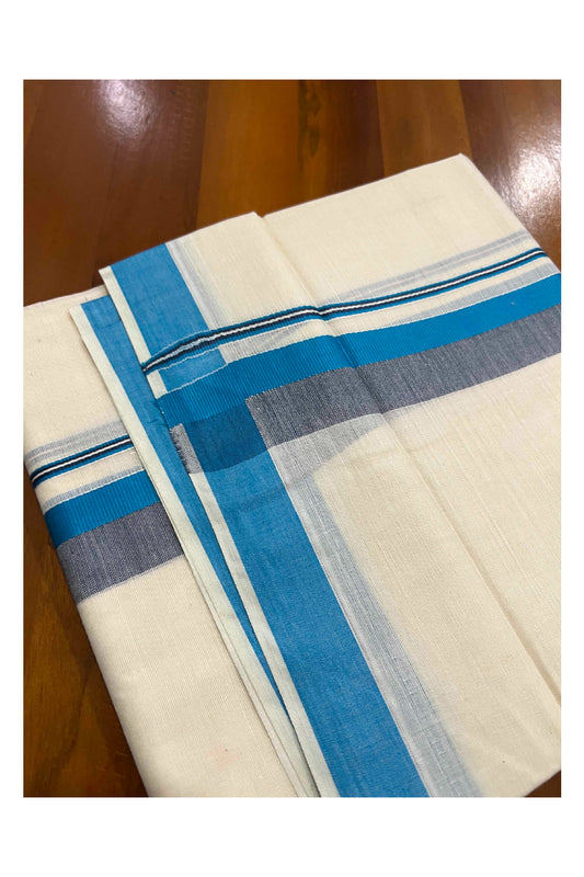 Off White Pure Cotton Double Mundu with Blue and Black Shaded Border (South Indian Dhoti)