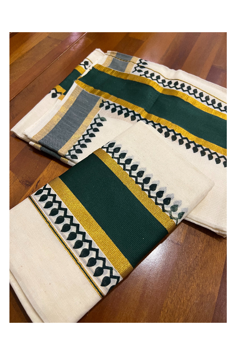 Kerala Cotton Set Mundu (Mundum Neriyathum) with Dark Green Block Prints and Kasavu Border