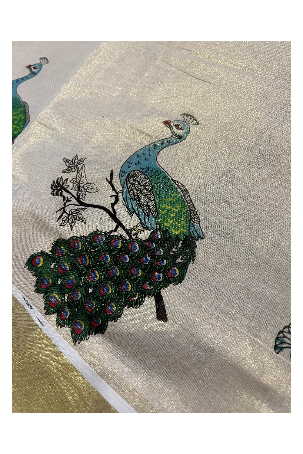 Kerala Tissue Kasavu Saree With Mural Printed Peacock Design