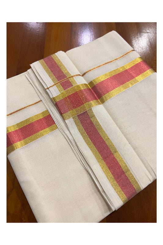 Southloom Balaramapuram Handloom Pure Cotton Mundu with Golden and Peach Kasavu Border (South Indian Dhoti)