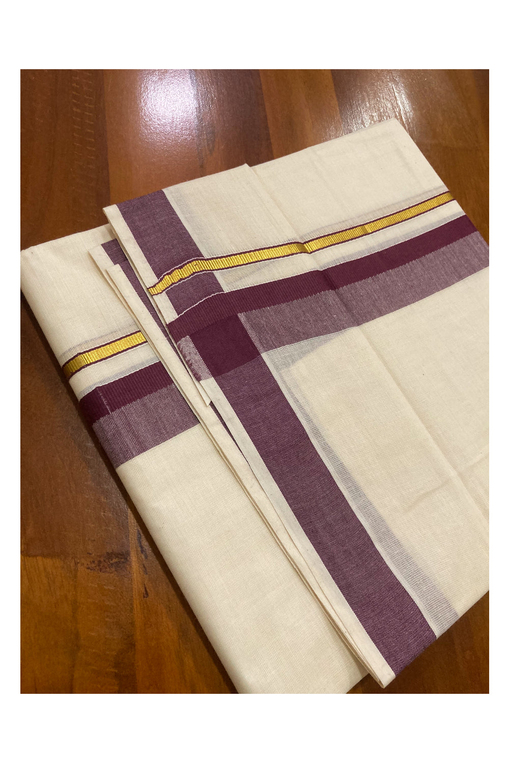 Off White Pure Cotton Double Mundu with Kasavu and Brown Border (South Indian Dhoti)