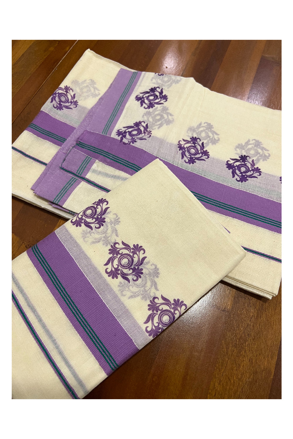 Pure Cotton Set Mundu (Mundum Neriyathum) with Violet Floral Block Prints and Green Lines on Border