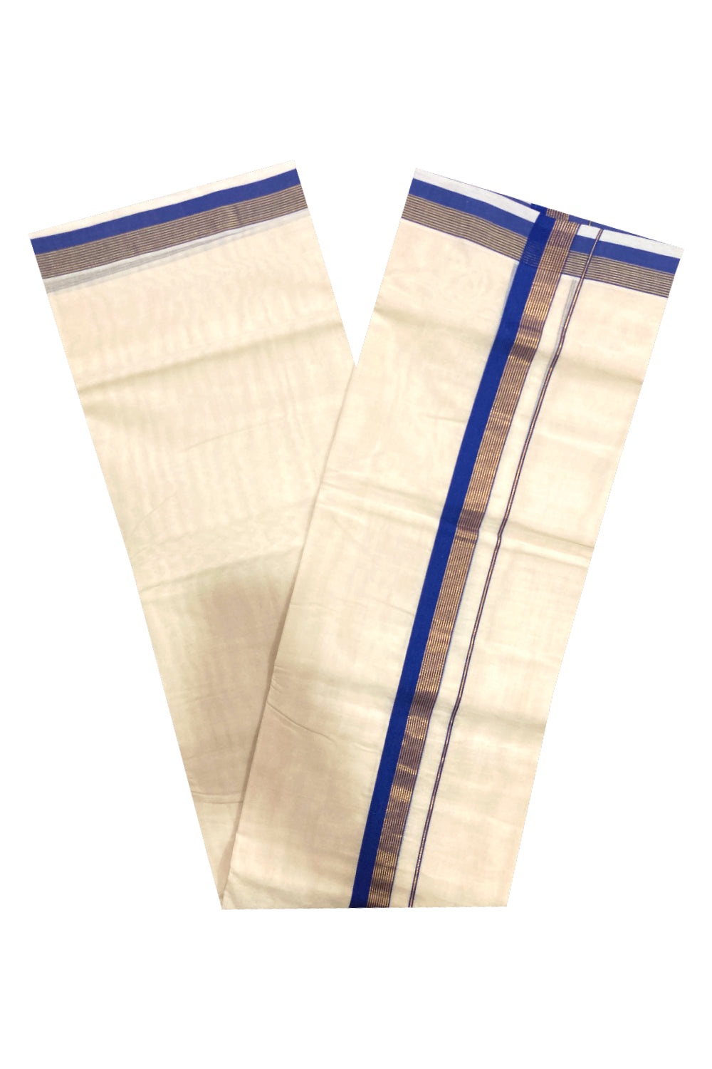 Southloom Premium Handloom Pure Cotton Mundu with Blue and Kasavu Lines Border (South Indian Dhoti)