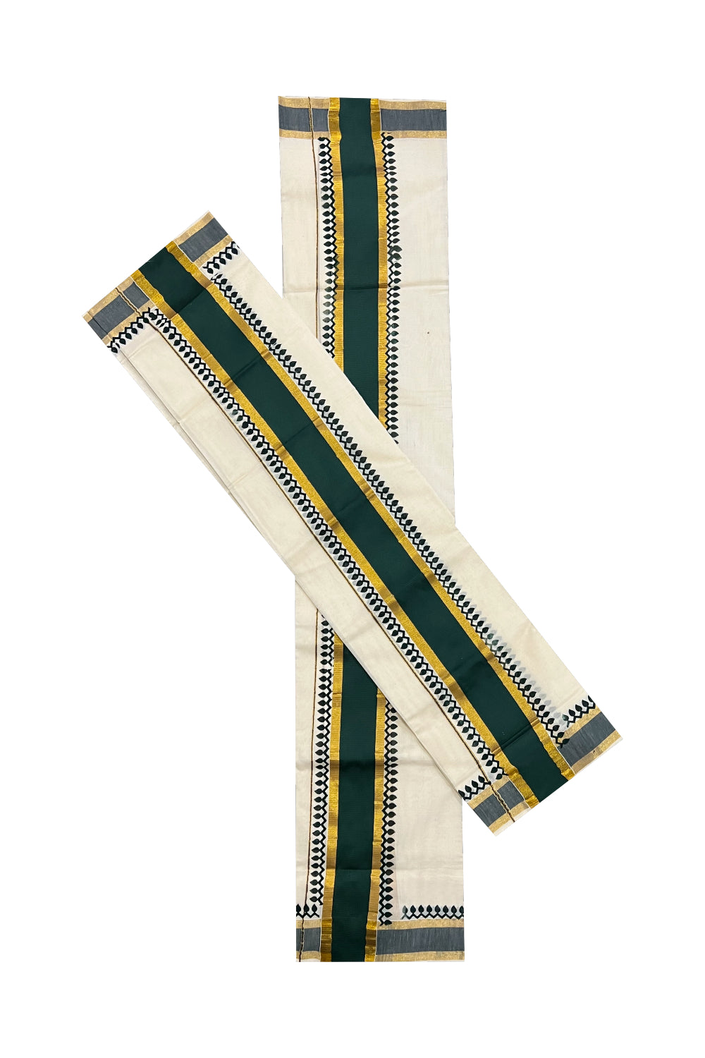 Kerala Cotton Set Mundu (Mundum Neriyathum) with Dark Green Block Prints and Kasavu Border