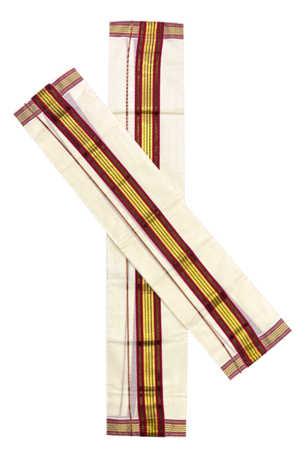 Pure Cotton Kerala Single Set Mundu (Mundum Neriyathum) with Maroon and Kasavu Border 2.80 Mtrs