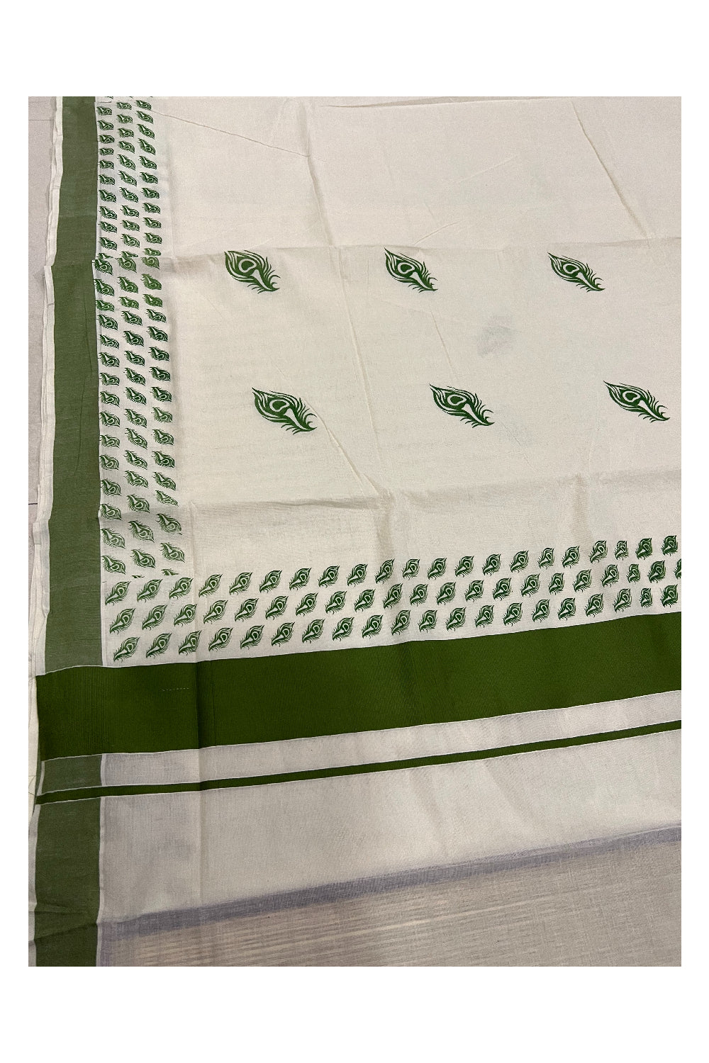 Pure Cotton Kerala Saree with Bottle Green Peacock Feather Block Printed Border