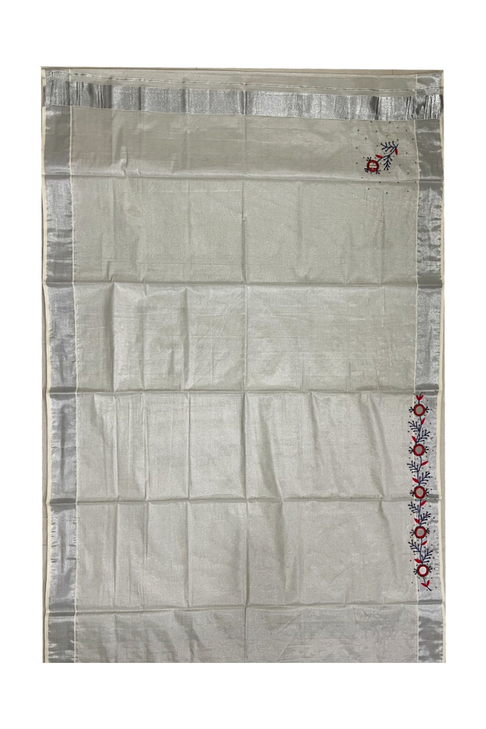 Kerala Silver Tissue Kasavu Saree with Embroidery Bead and Mirrorwork Design