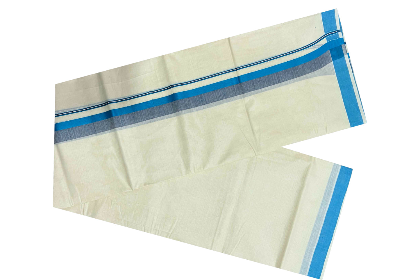 Off White Pure Cotton Double Mundu with Blue and Black Shaded Border (South Indian Dhoti)