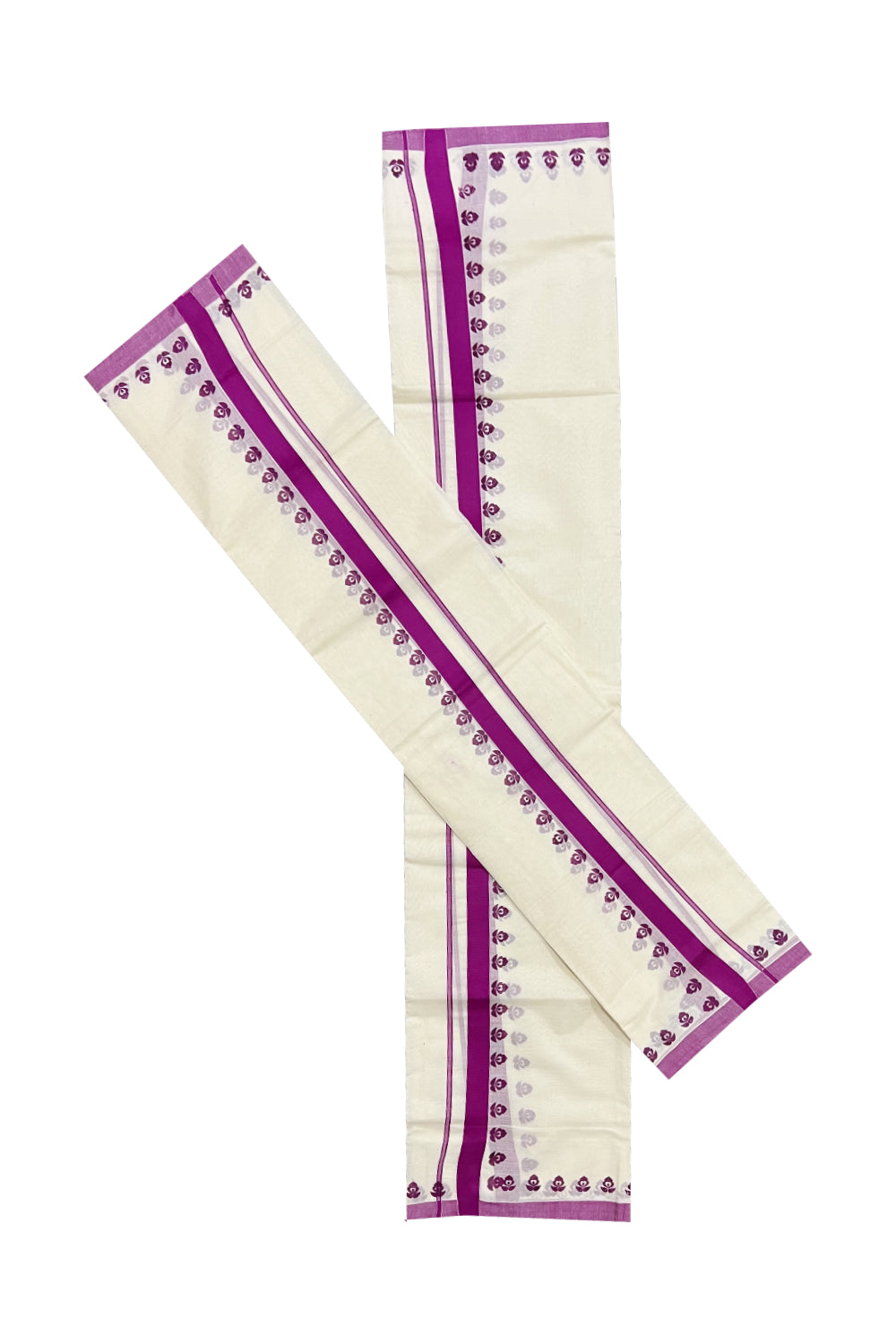 Pure Cotton Set Mundu (Mundum Neriyathum) with Magenta Floral Block Prints on Border