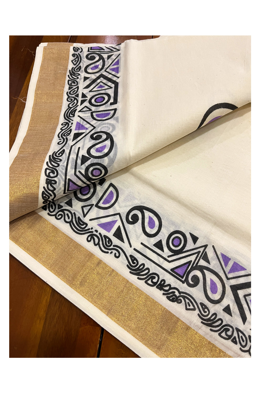 Pure Cotton Off White Kerala Kasavu Saree with Black and Violet Block Prints on Border