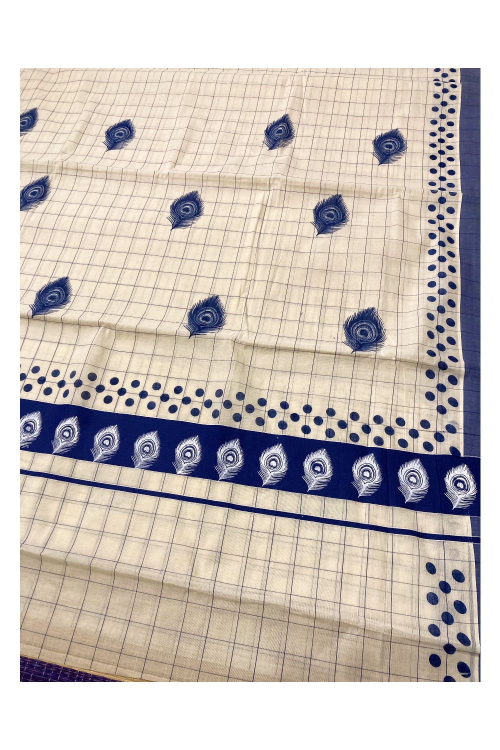 Pure Cotton Check Design Kerala Saree with Blue Polka Dots and Feather Block Prints