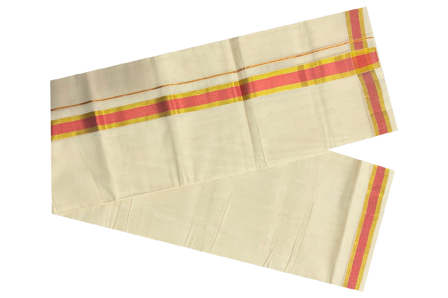 Southloom Balaramapuram Handloom Pure Cotton Mundu with Golden and Peach Kasavu Border (South Indian Dhoti)