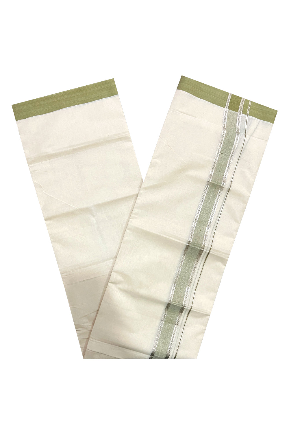 Pure Cotton Off White Double Mundu with Green and Silver Kara (South Indian Dhoti)