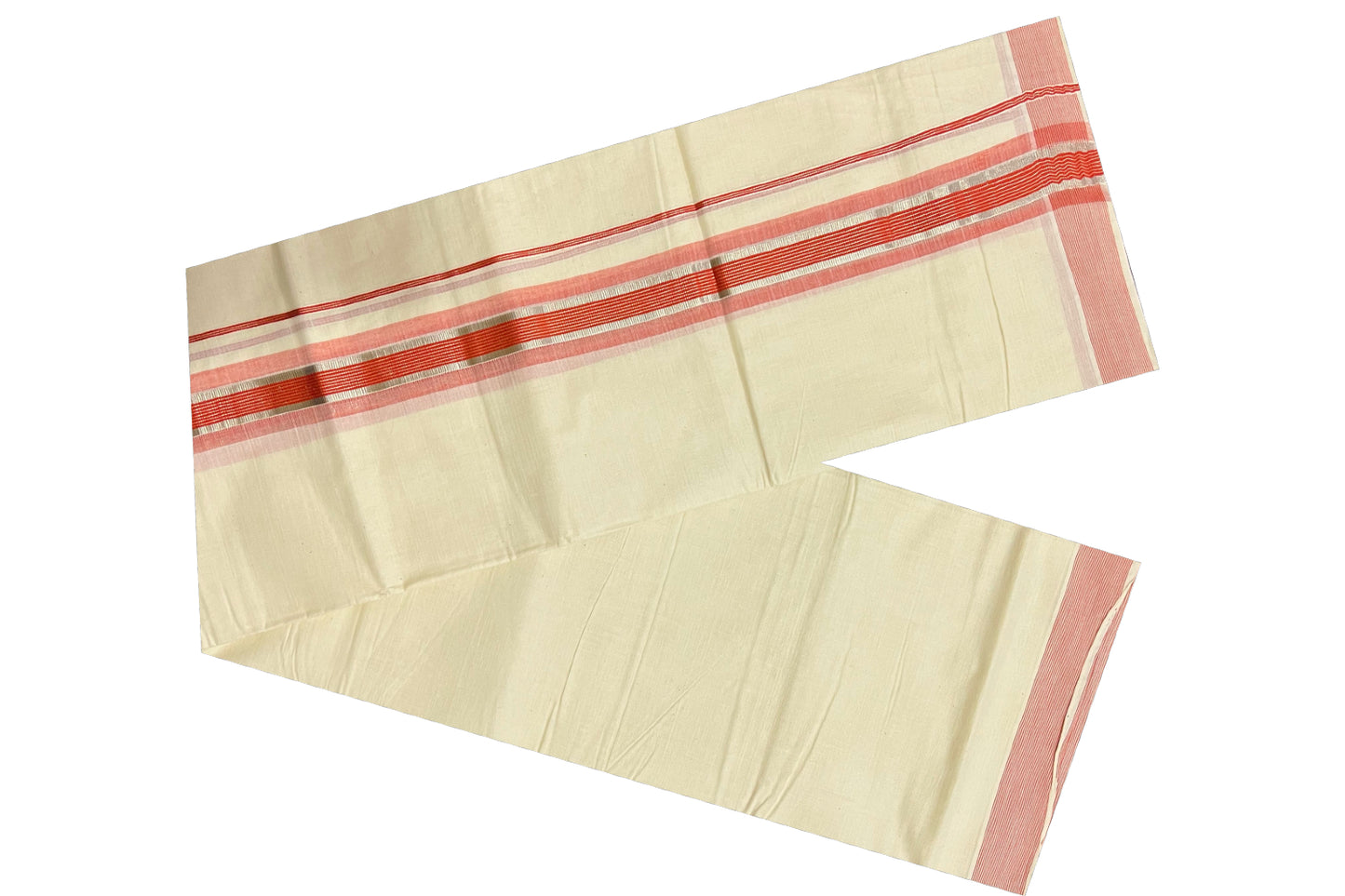 Off White Kerala Double Mundu with Silver Kasavu and Orange Line Border (South Indian Dhoti)