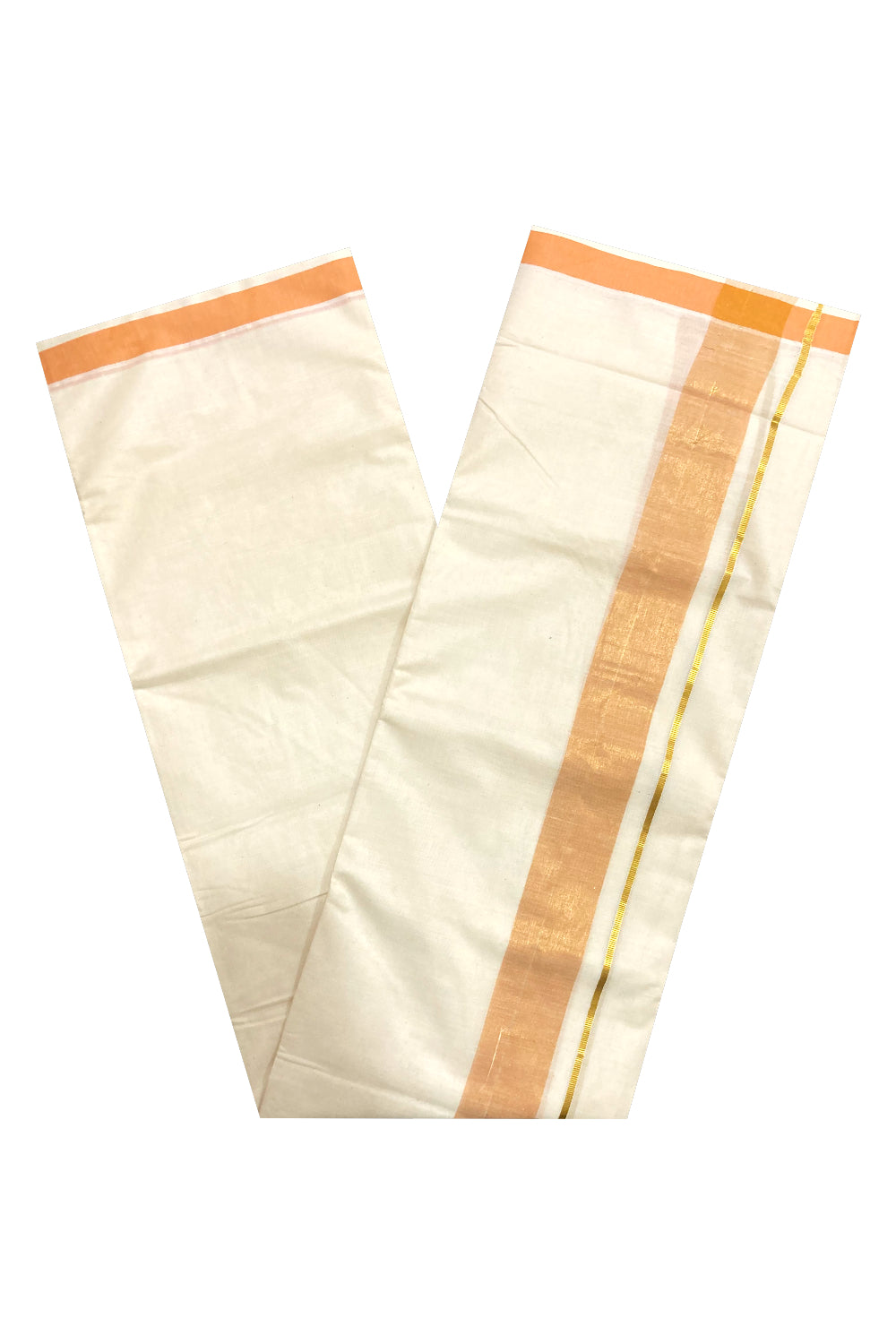 Off White Kerala Double Mundu with Orange and Kasavu Line Border (South Indian Dhoti)