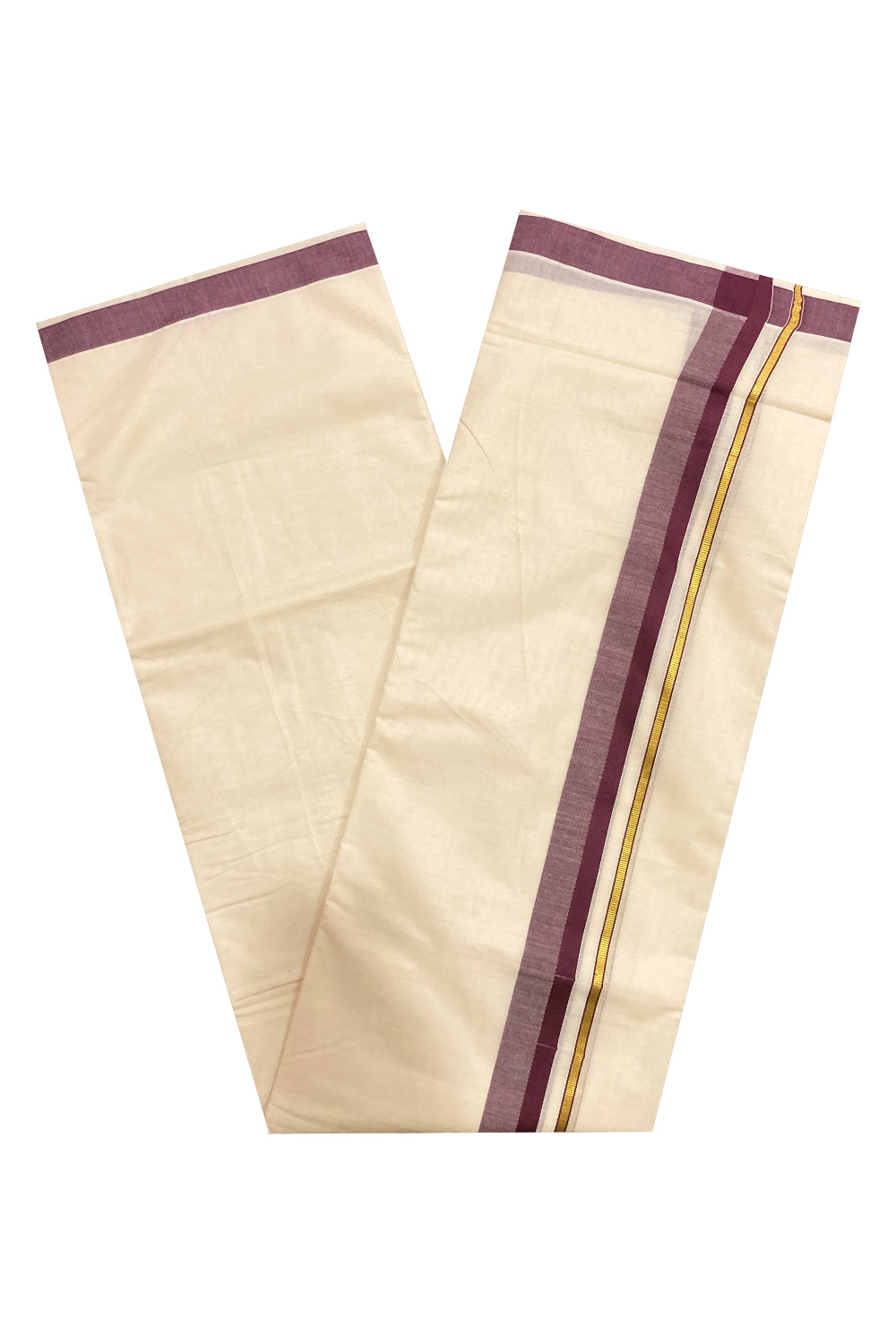 Off White Pure Cotton Double Mundu with Kasavu and Brown Border (South Indian Dhoti)