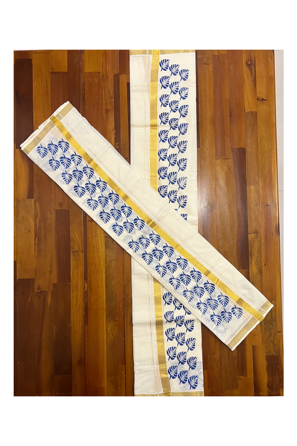 Kerala Cotton Kasavu Set Mundu (Mundum Neriyathum) with Blue Leaf Block Prints on Border