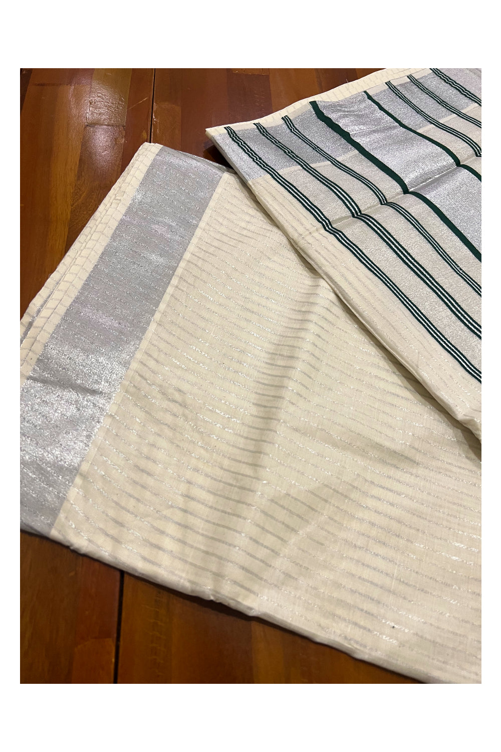 Pure Cotton Kerala Saree with Silver Lines Design on Body and Green Lines on Silver Tissue Pallu