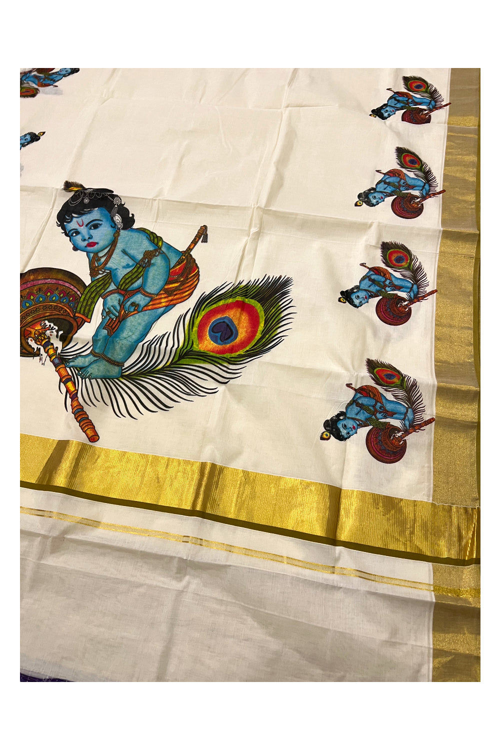 Kerala Pure Cotton Kasavu Saree with Mural Baby Krishna Printed and Olive Green Border