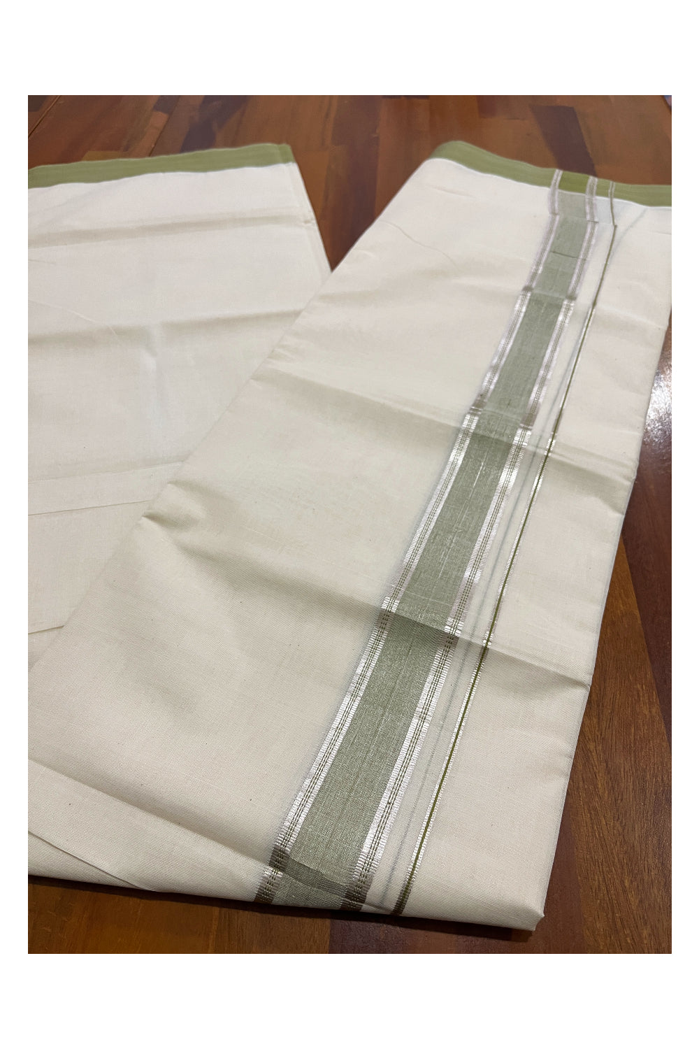 Pure Cotton Off White Double Mundu with Green and Silver Kara (South Indian Dhoti)