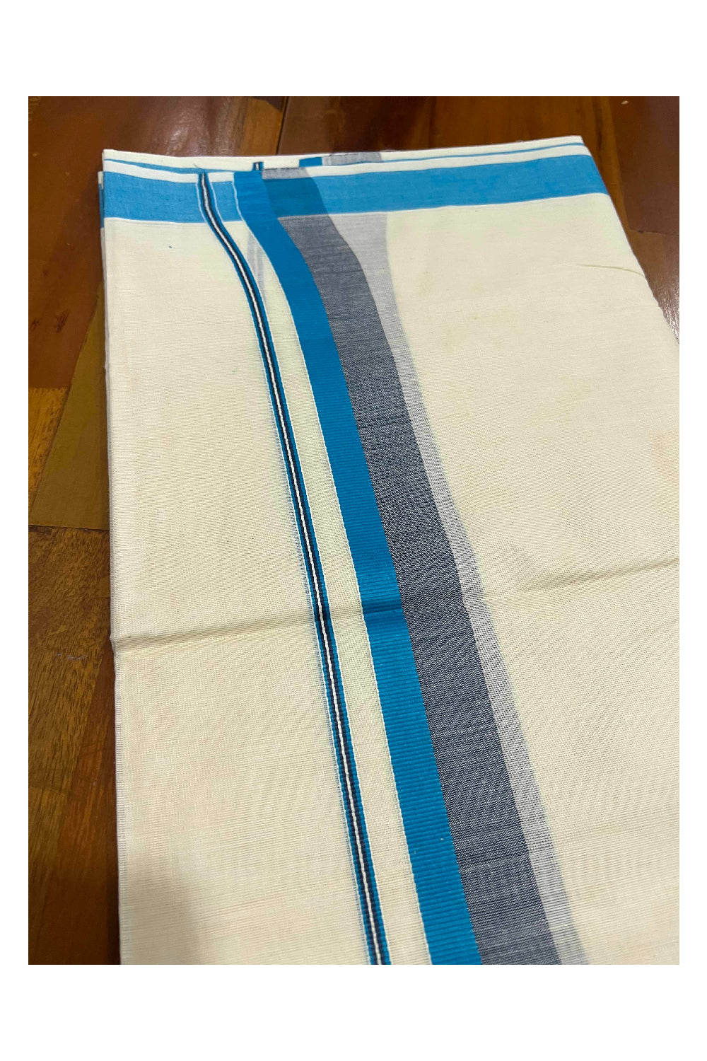 Off White Pure Cotton Double Mundu with Blue and Black Shaded Border (South Indian Dhoti)