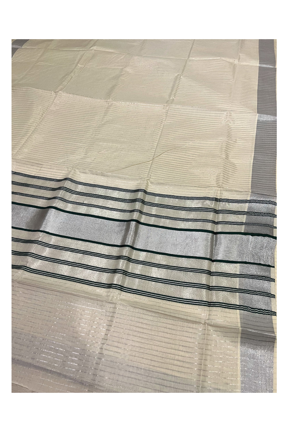 Pure Cotton Kerala Saree with Silver Lines Design on Body and Green Lines on Silver Tissue Pallu