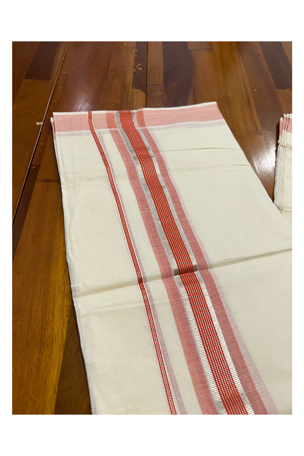 Off White Kerala Double Mundu with Silver Kasavu and Orange Line Border (South Indian Dhoti)