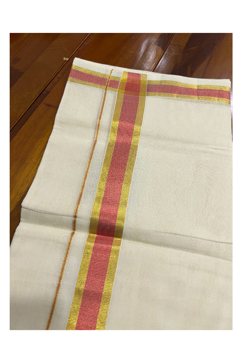 Southloom Balaramapuram Handloom Pure Cotton Mundu with Golden and Peach Kasavu Border (South Indian Dhoti)