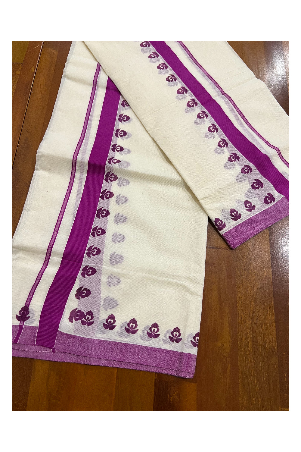 Pure Cotton Set Mundu (Mundum Neriyathum) with Magenta Floral Block Prints on Border