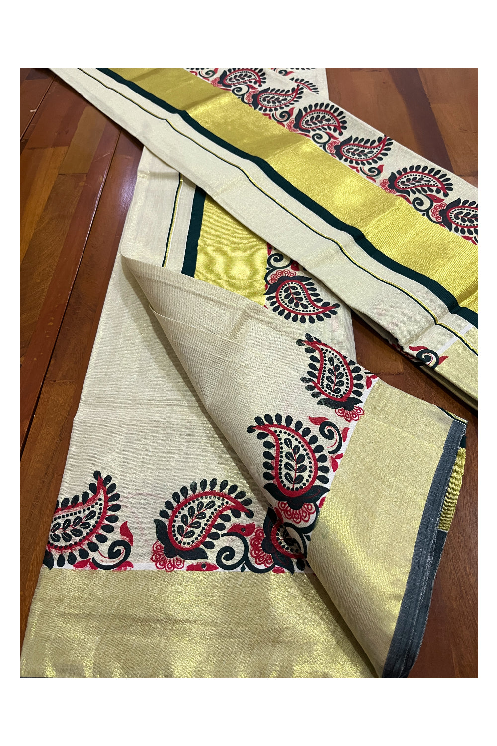 Kerala Tissue Mundum Neriyathum Single (Set Mundu) with Paisley Block Prints and Green Kasavu Border 2.80 Mtrs