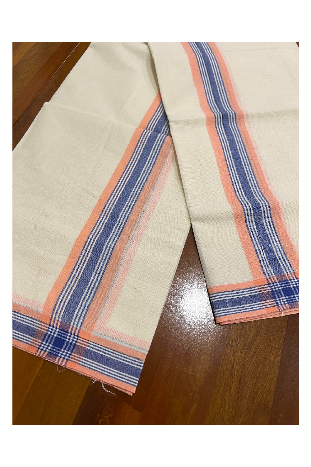 Kerala Cotton Mundum Neriyathum Single (Set Mundu) with Mulloth Design Orange and Blue Border (Extra Soft Cotton)
