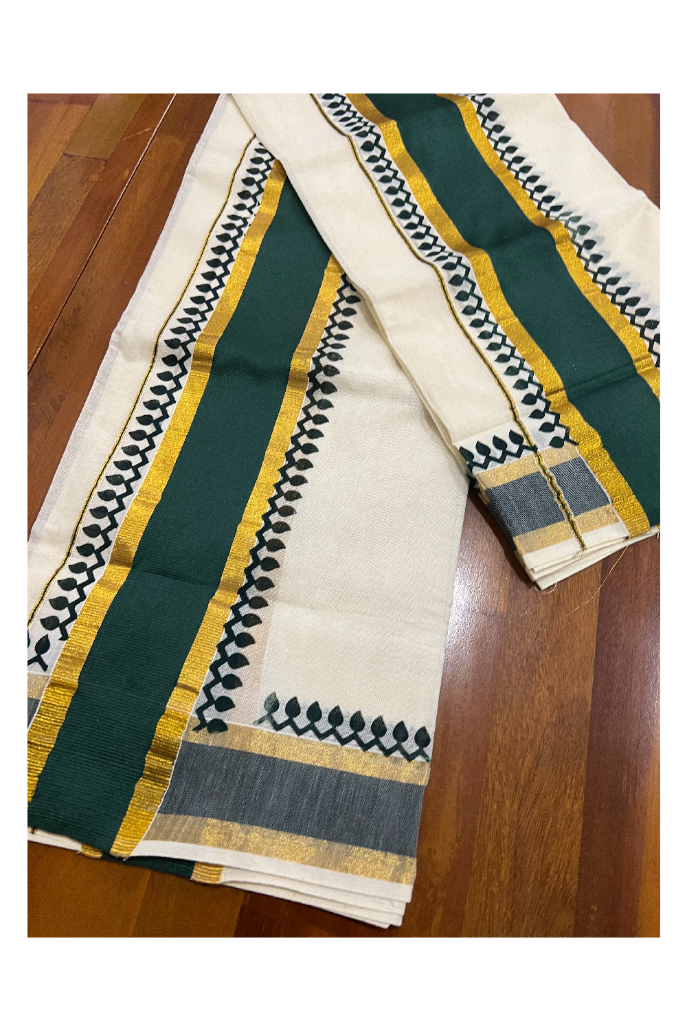 Kerala Cotton Set Mundu (Mundum Neriyathum) with Dark Green Block Prints and Kasavu Border