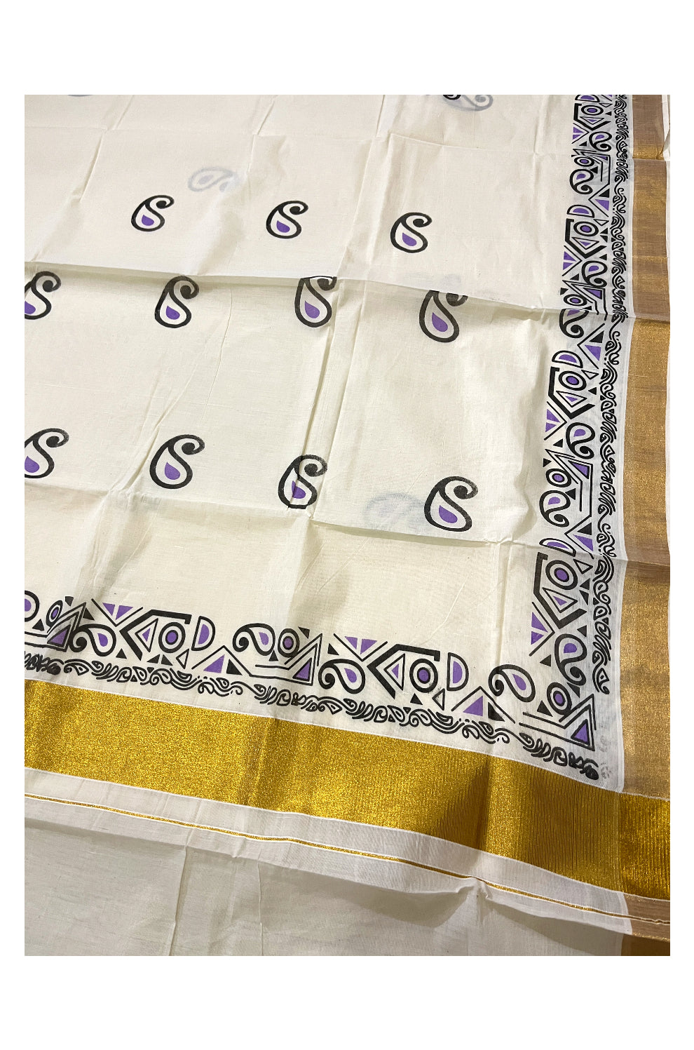 Pure Cotton Off White Kerala Kasavu Saree with Black and Violet Block Prints on Border