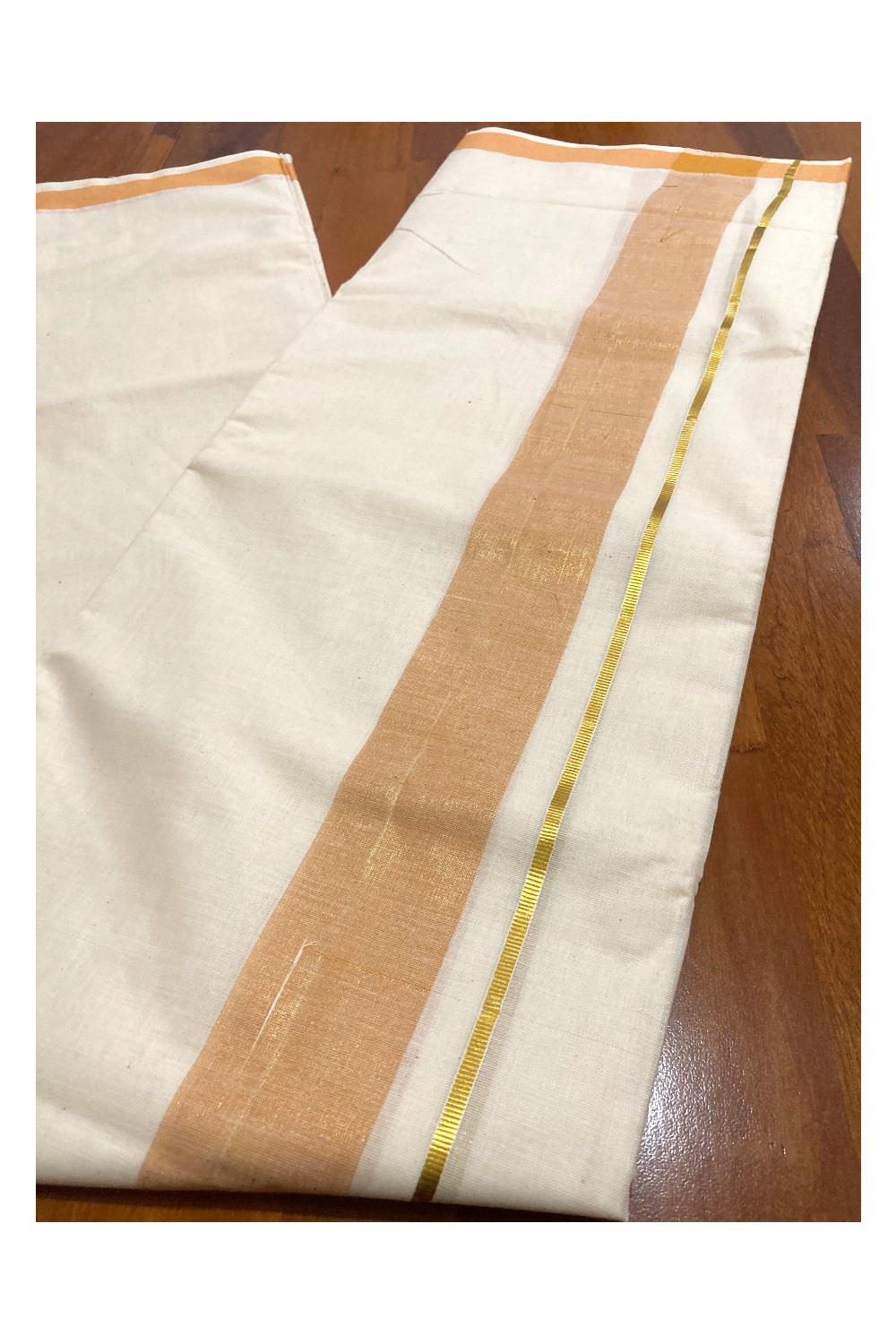 Off White Kerala Double Mundu with Orange and Kasavu Line Border (South Indian Dhoti)