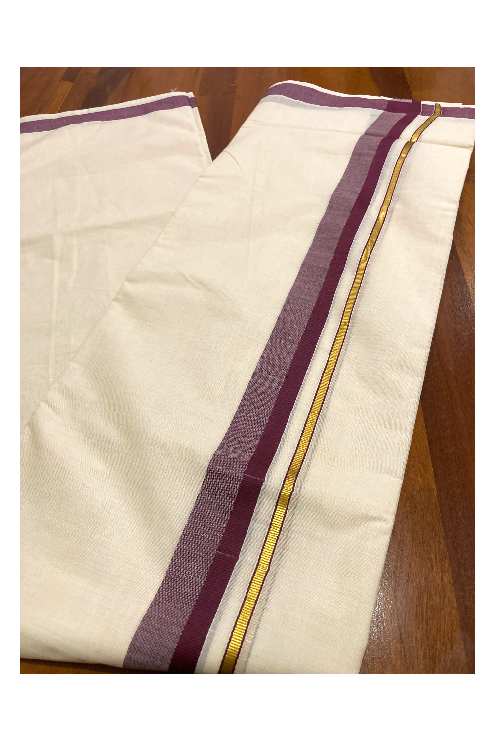 Off White Pure Cotton Double Mundu with Kasavu and Brown Border (South Indian Dhoti)