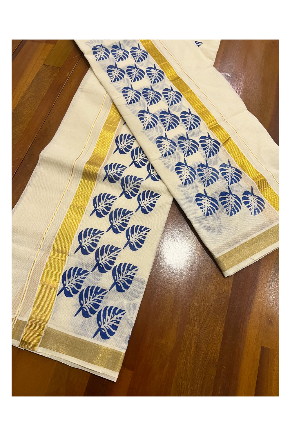 Kerala Cotton Kasavu Set Mundu (Mundum Neriyathum) with Blue Leaf Block Prints on Border