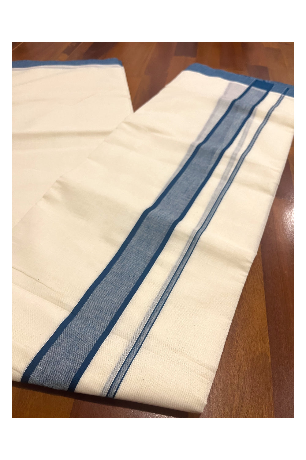 Pure Cotton Off White Double Mundu with Blue Border (South Indian Dhoti)