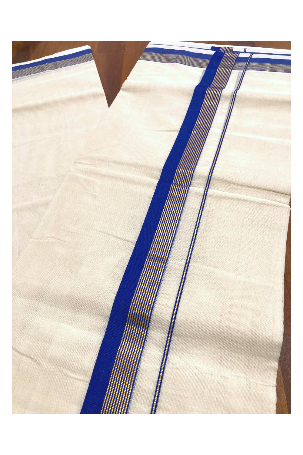 Southloom Premium Handloom Pure Cotton Mundu with Blue and Kasavu Lines Border (South Indian Dhoti)