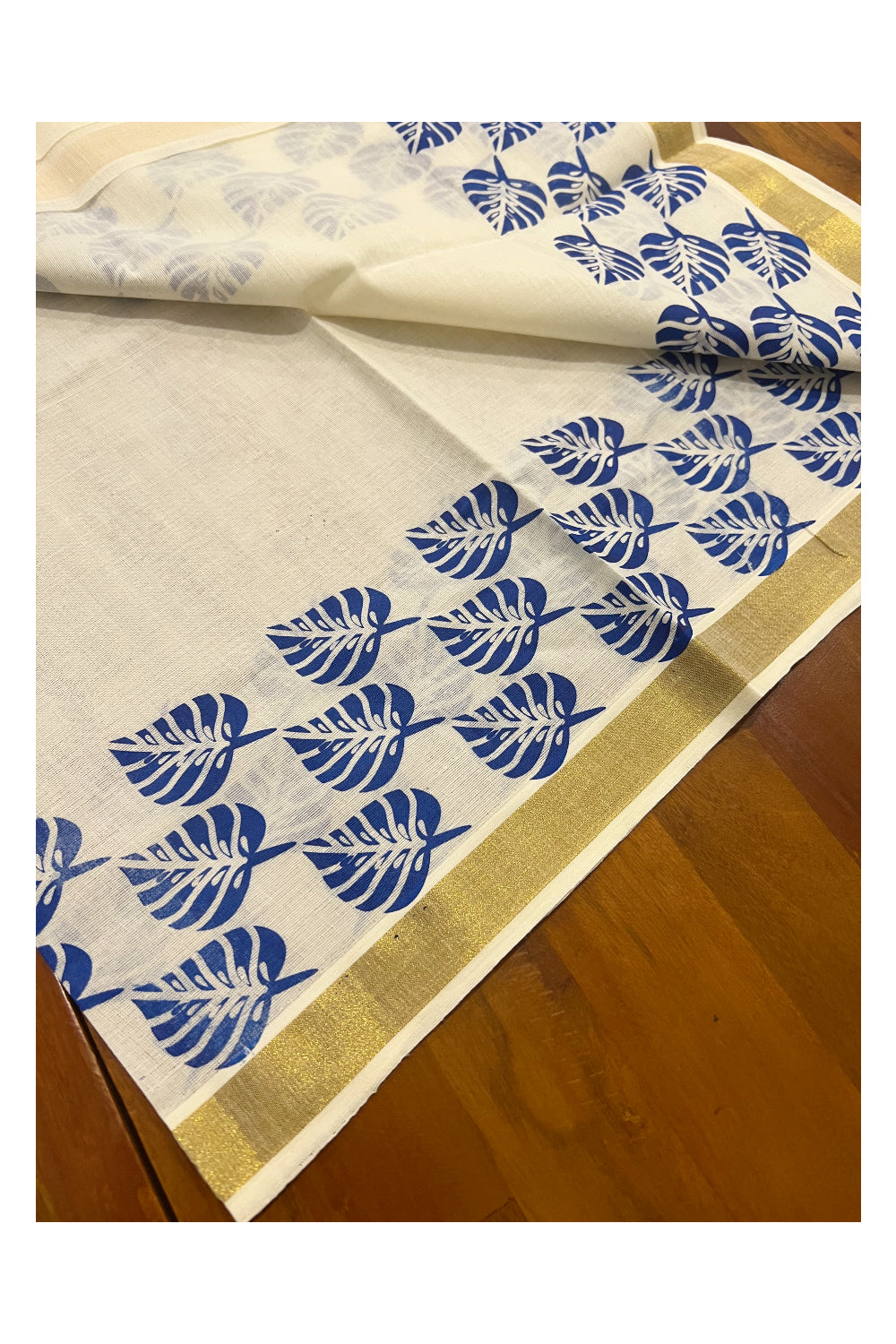 Kerala Cotton Kasavu Set Mundu (Mundum Neriyathum) with Blue Leaf Block Prints on Border