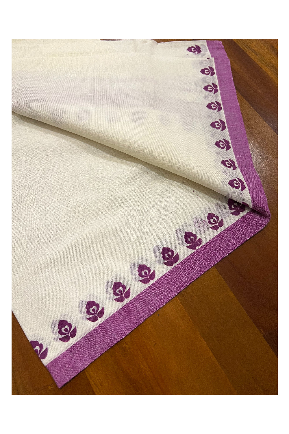 Pure Cotton Set Mundu (Mundum Neriyathum) with Magenta Floral Block Prints on Border