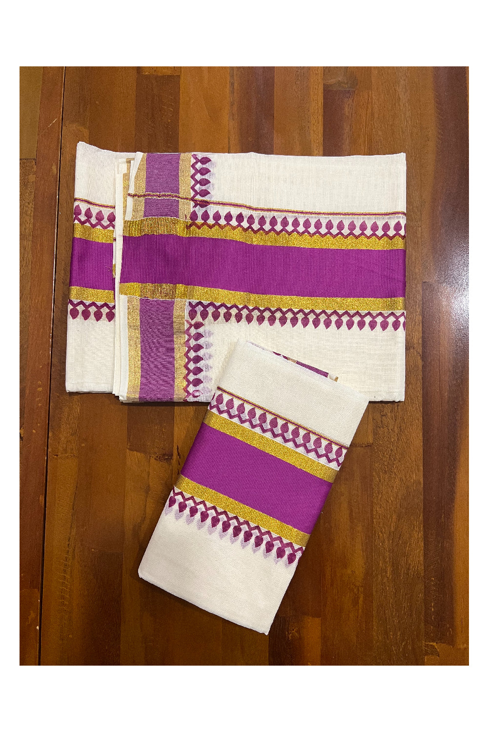 Kerala Cotton Set Mundu (Mundum Neriyathum) with Magenta Block Prints and Kasavu Border