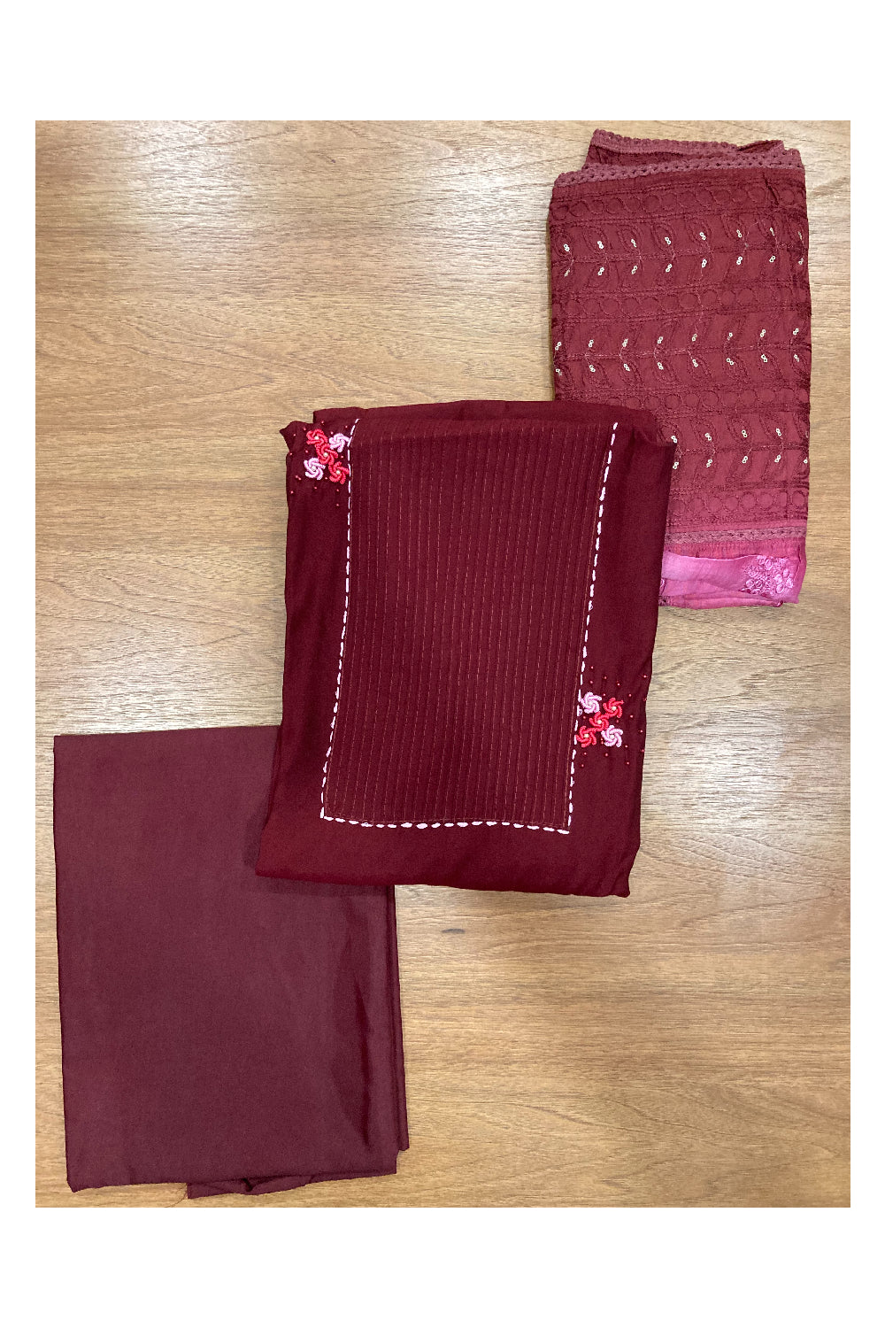 Southloom™ Semi Tussar Churidar Salwar Suit Material in Maroon and Thread Work in Yoke Portion