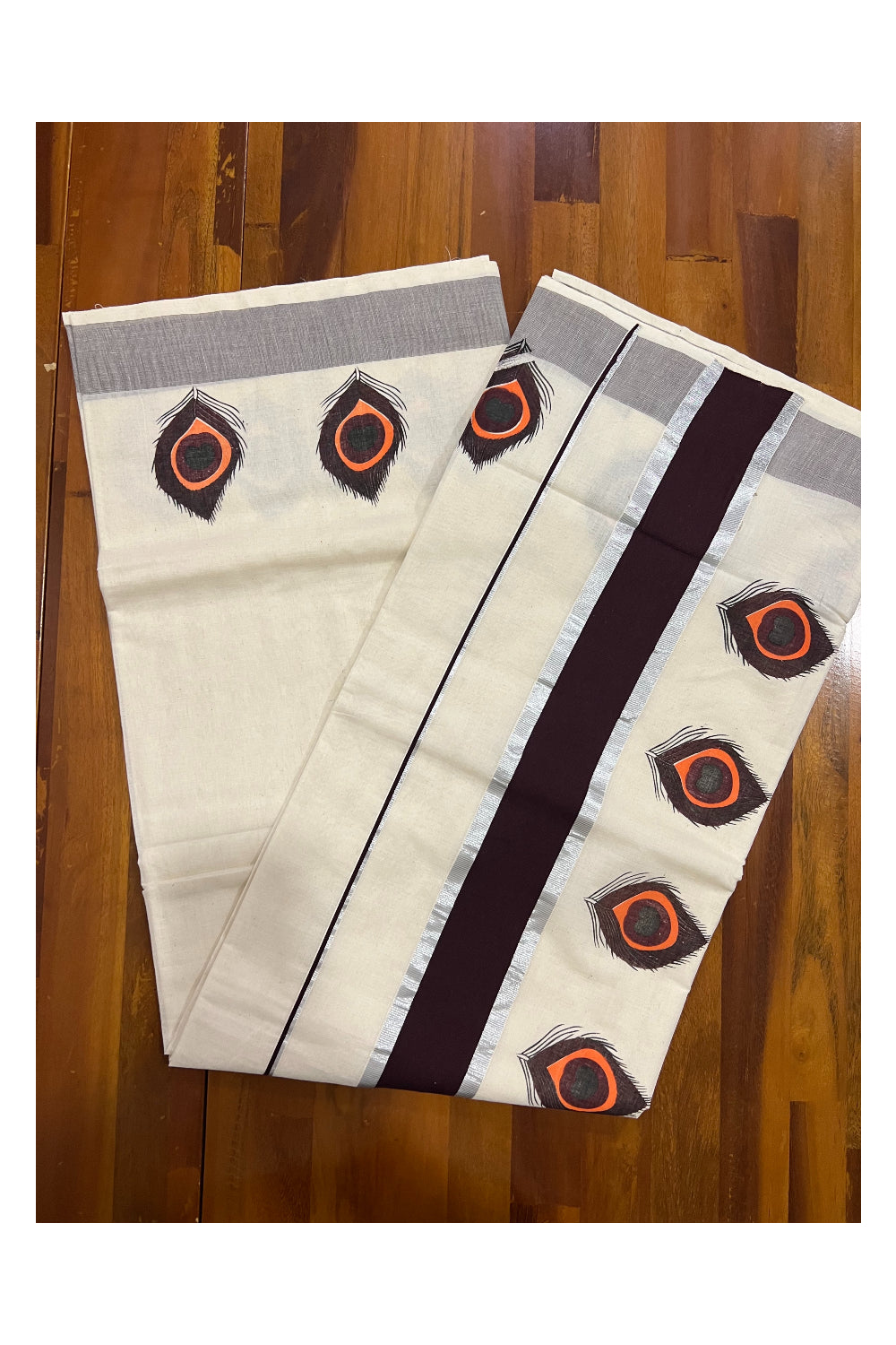 Pure Cotton Silver Kasavu and Dark Brown Border Kerala Saree with Feather Block Printed Design