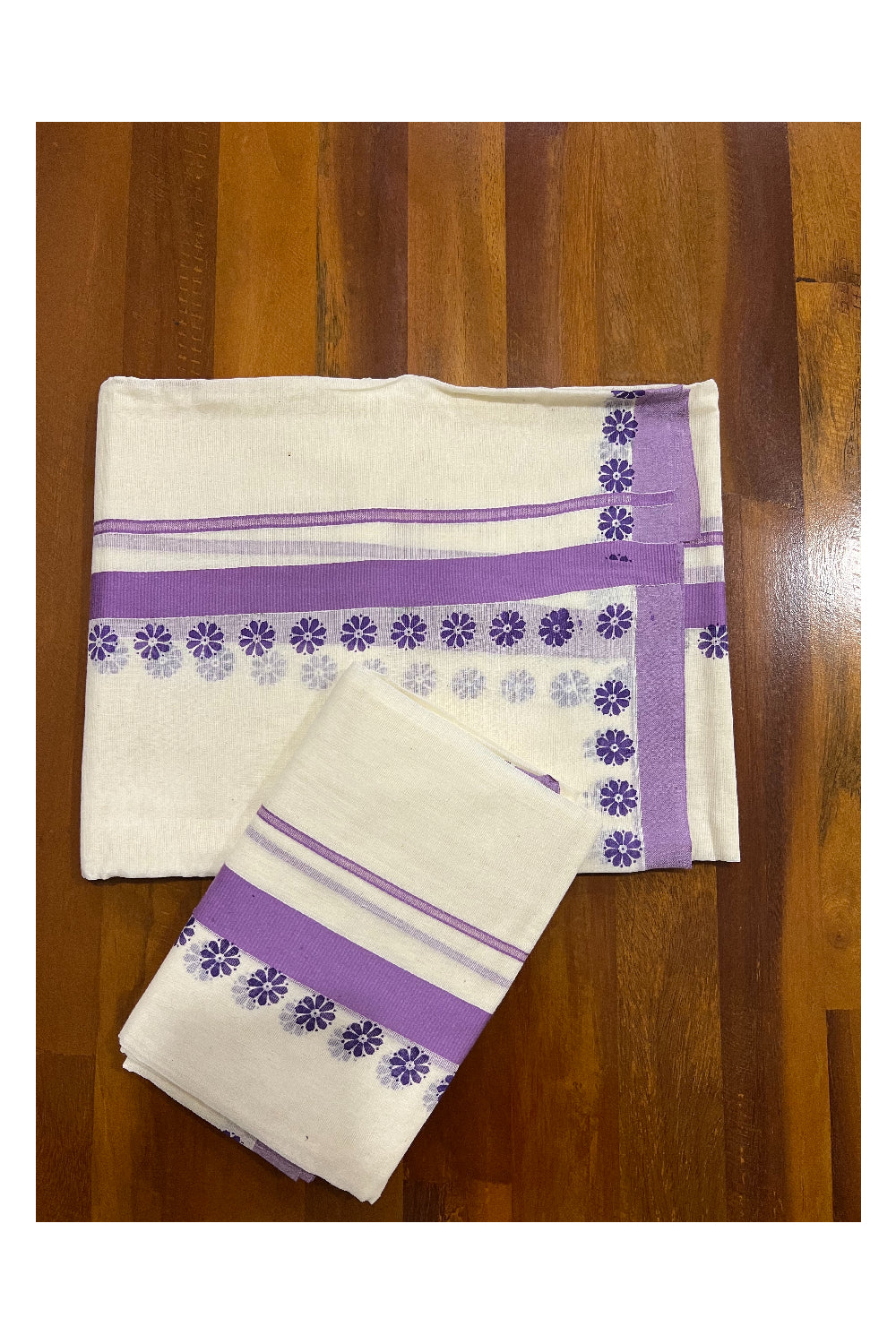 Pure Cotton Set Mundu (Mundum Neriyathum) with Violet Floral Block Prints on Border