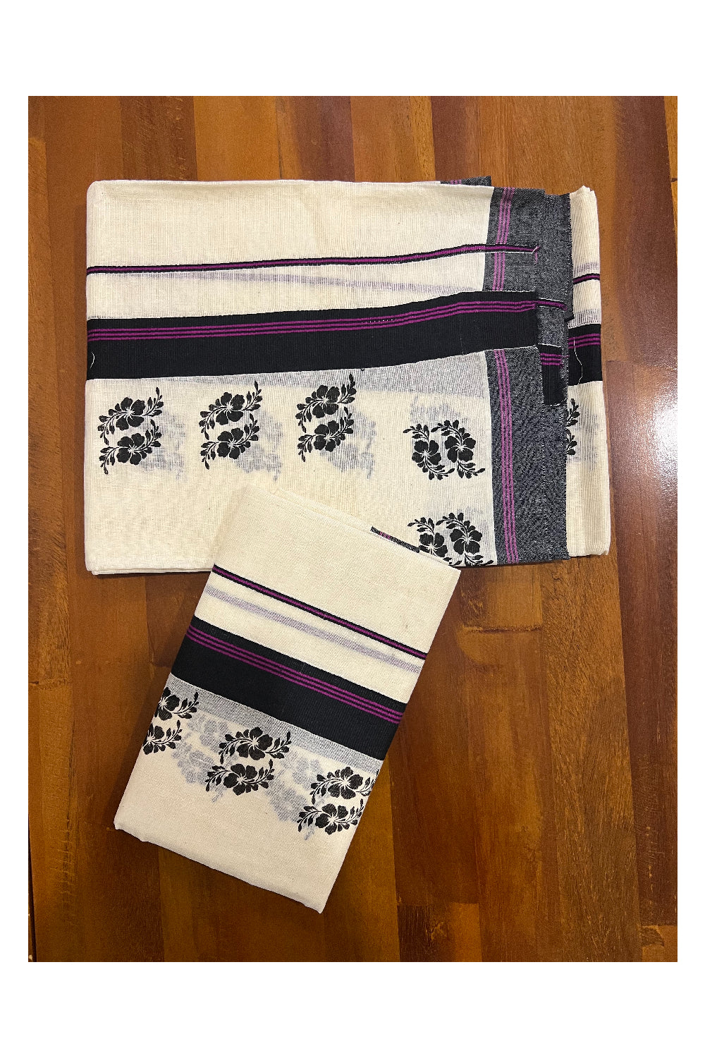 Pure Cotton Set Mundu (Mundum Neriyathum) with Black Floral Block Prints and Violet Lines on Border