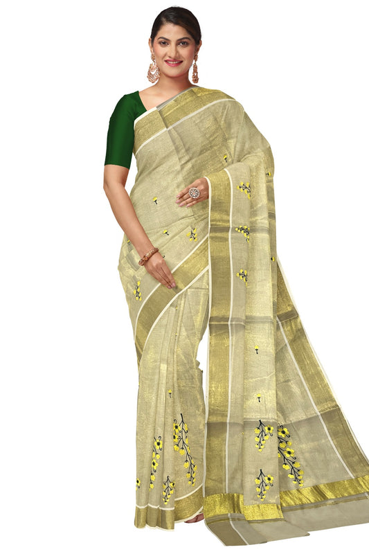 Southloom Special Tissue Kasavu Saree with Floral Embroidery Design