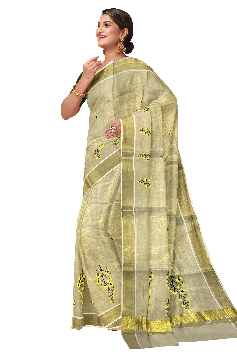 Southloom Special Tissue Kasavu Saree with Floral Embroidery Design