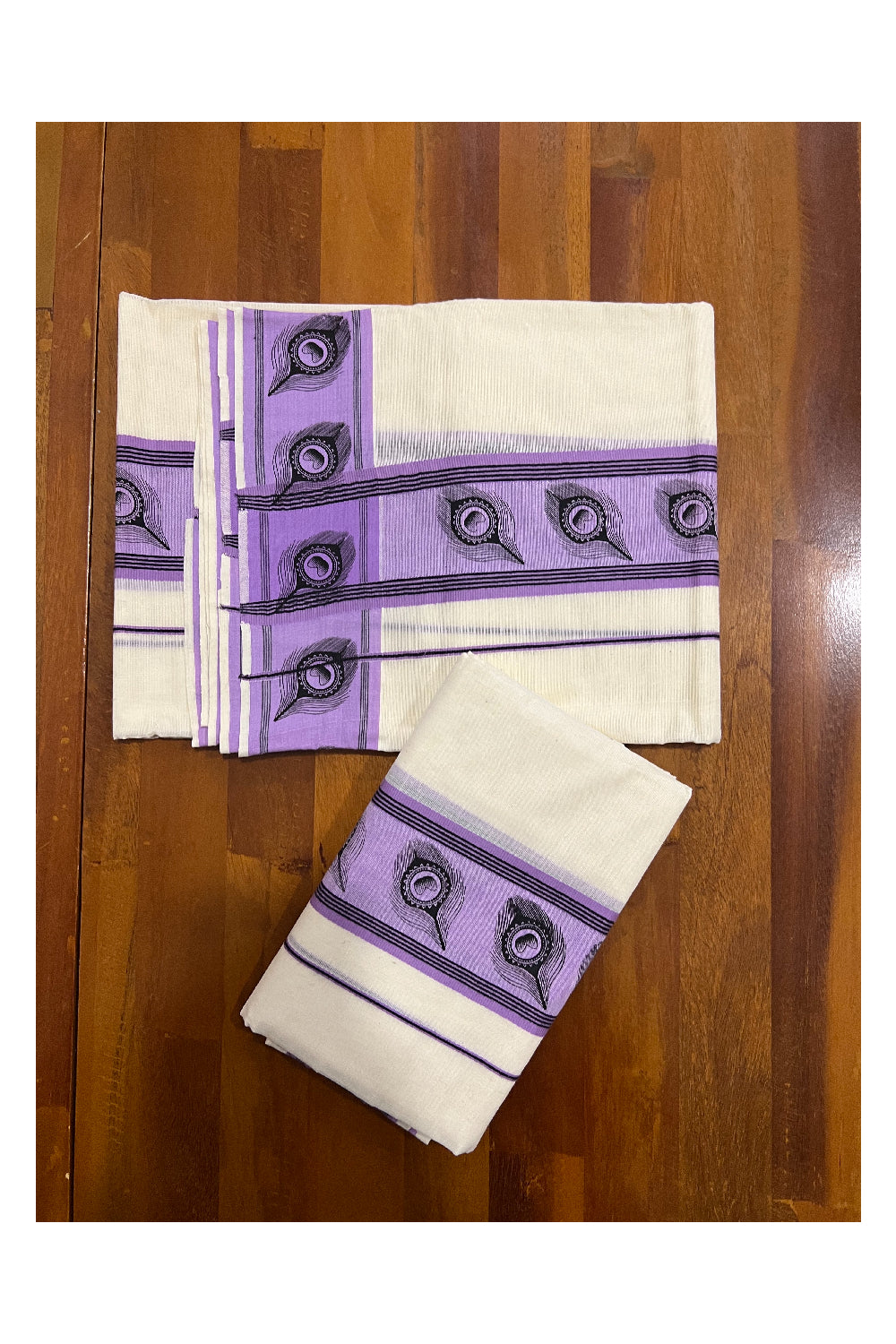 Kerala Cotton Set Mundu (Mundum Neriyathum) with Black Feather Block Prints in Violet Border