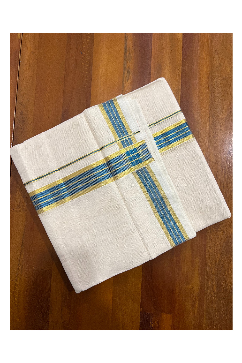 Southloom Balaramapuram Handloom Pure Cotton Mundu with Golden and Blue Kasavu Border (South Indian Dhoti)